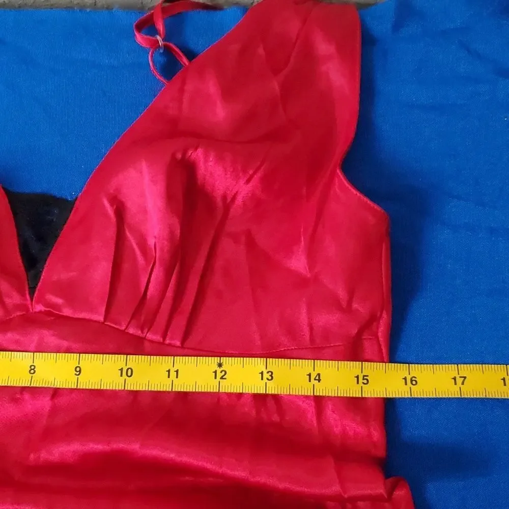 Secret Treasures Red Satin Long Chemise Nightgown Black Lace Trim - Medium